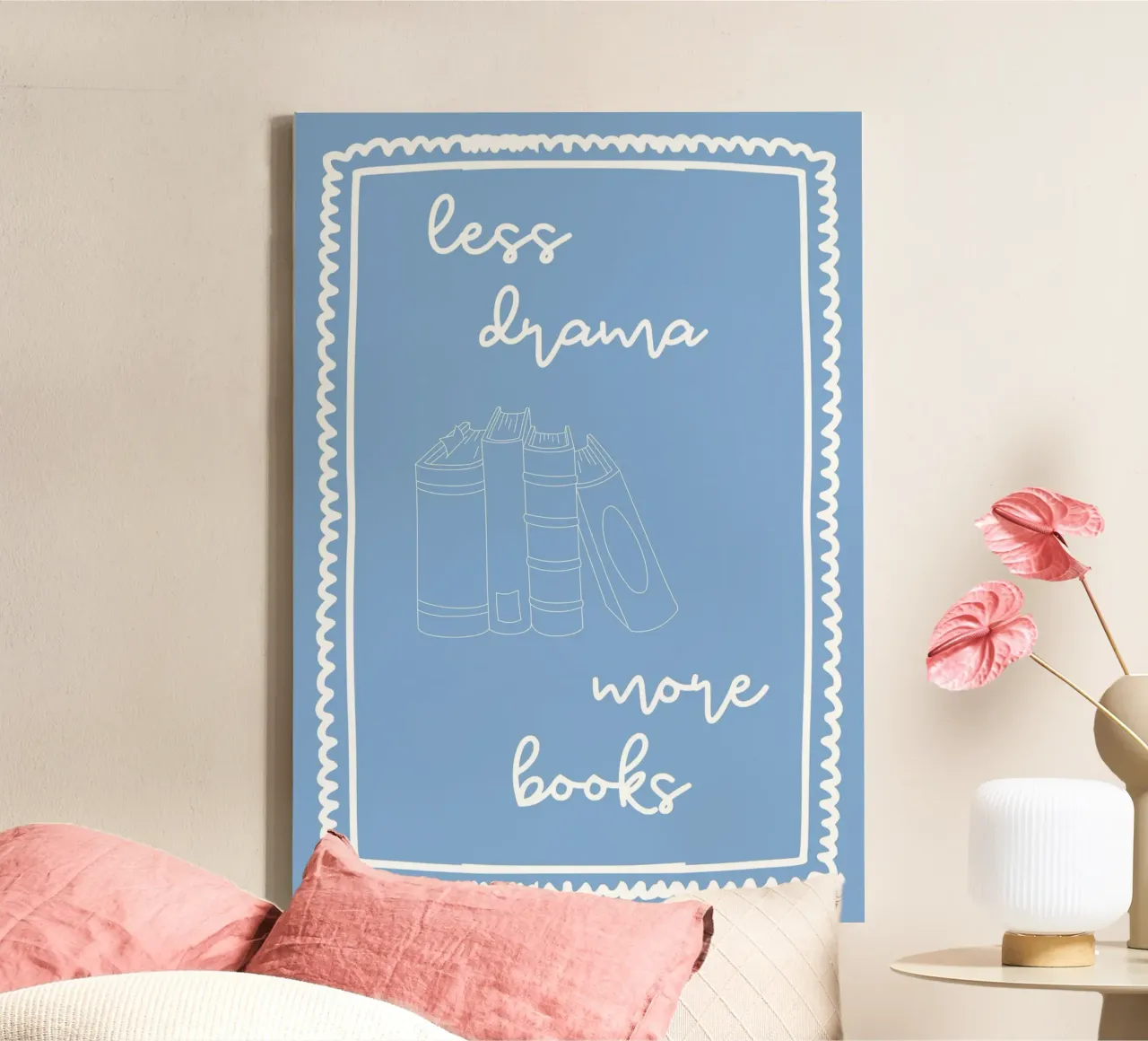 "Moins de drames, plus de livres" - Impression d'art minimaliste bleue toile avec Caisse américaine de vintagepod