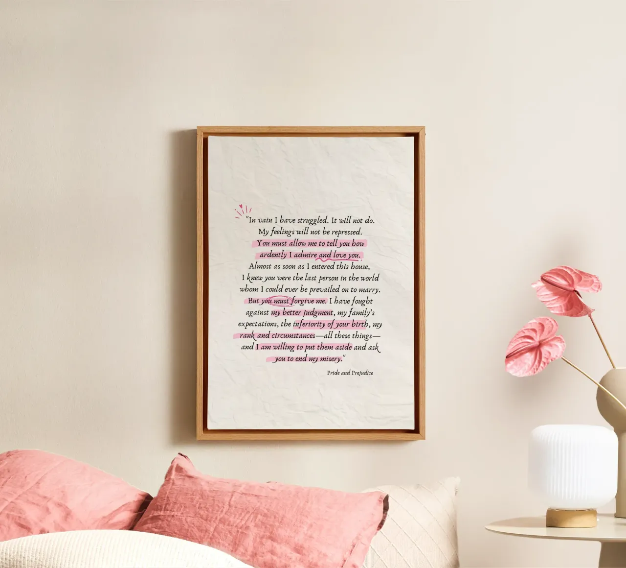 Pride and Prejudice Quote Art Print - Carta del Sr. Darcy lienzo con Marco flotante de vintagepod