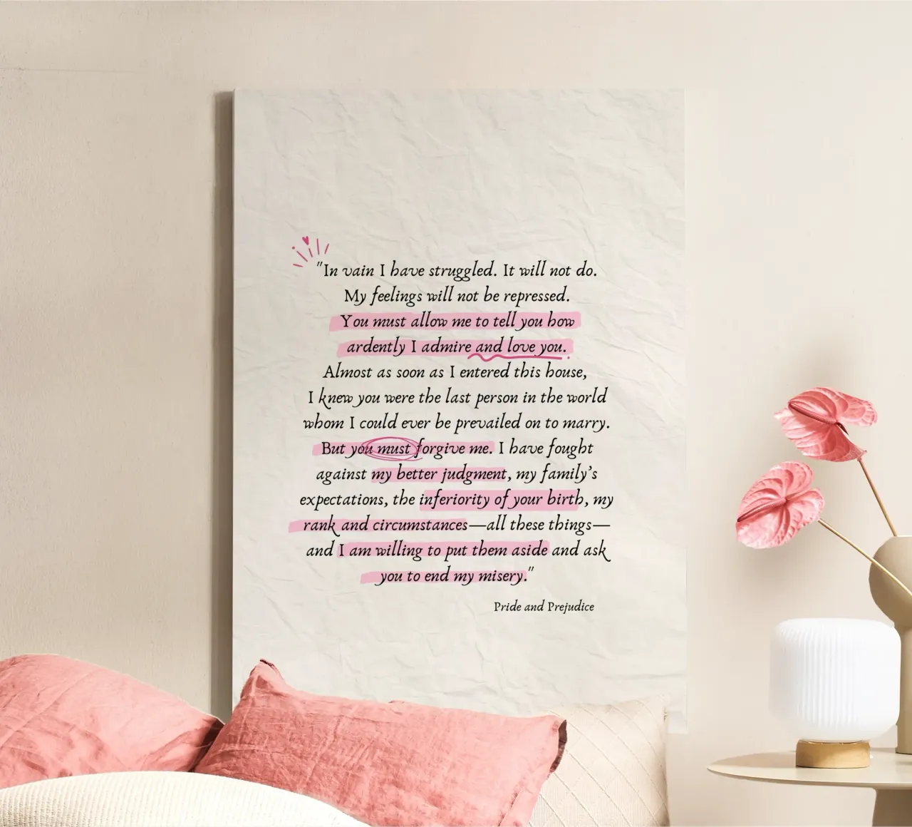 Pride and Prejudice Quote Art Print - Carta del Sr. Darcy lienzo con Marco flotante de vintagepod