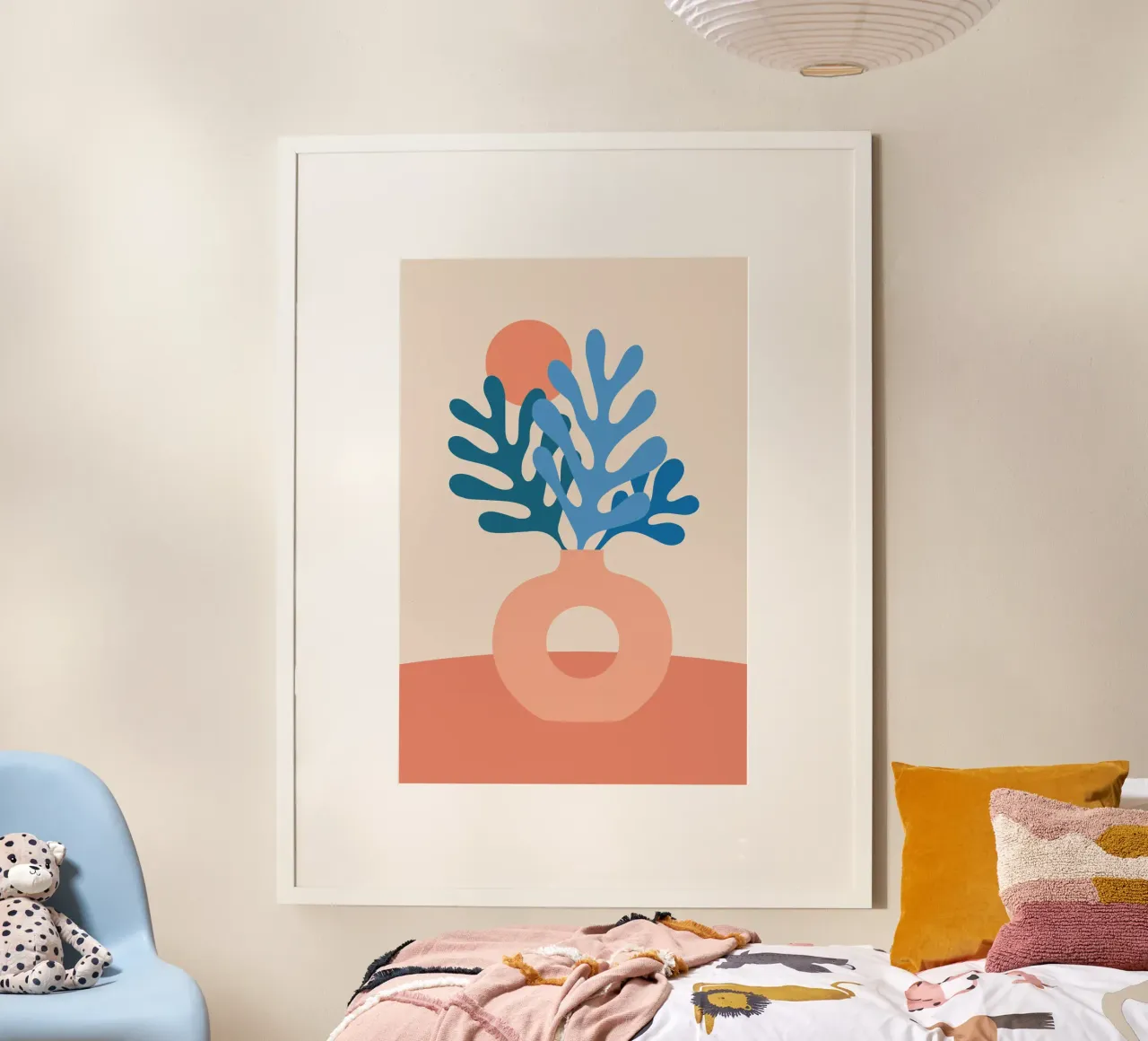 Boho Stillleben mit Korallenblättern poster con telaio in legno da pierosvisuals