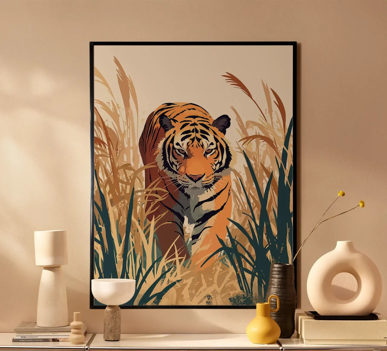 tigre fauna selvatica erba natura giungla poster con telaio in plastica da Karin M Fried