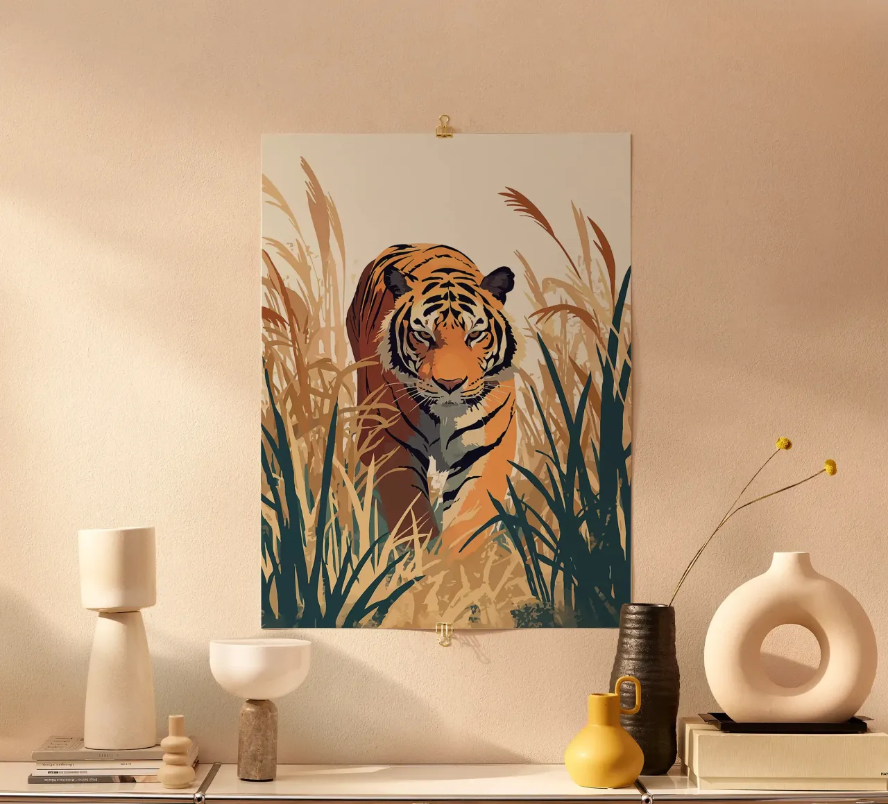 tigre fauna selvatica erba natura giungla poster con telaio in plastica da Karin M Fried