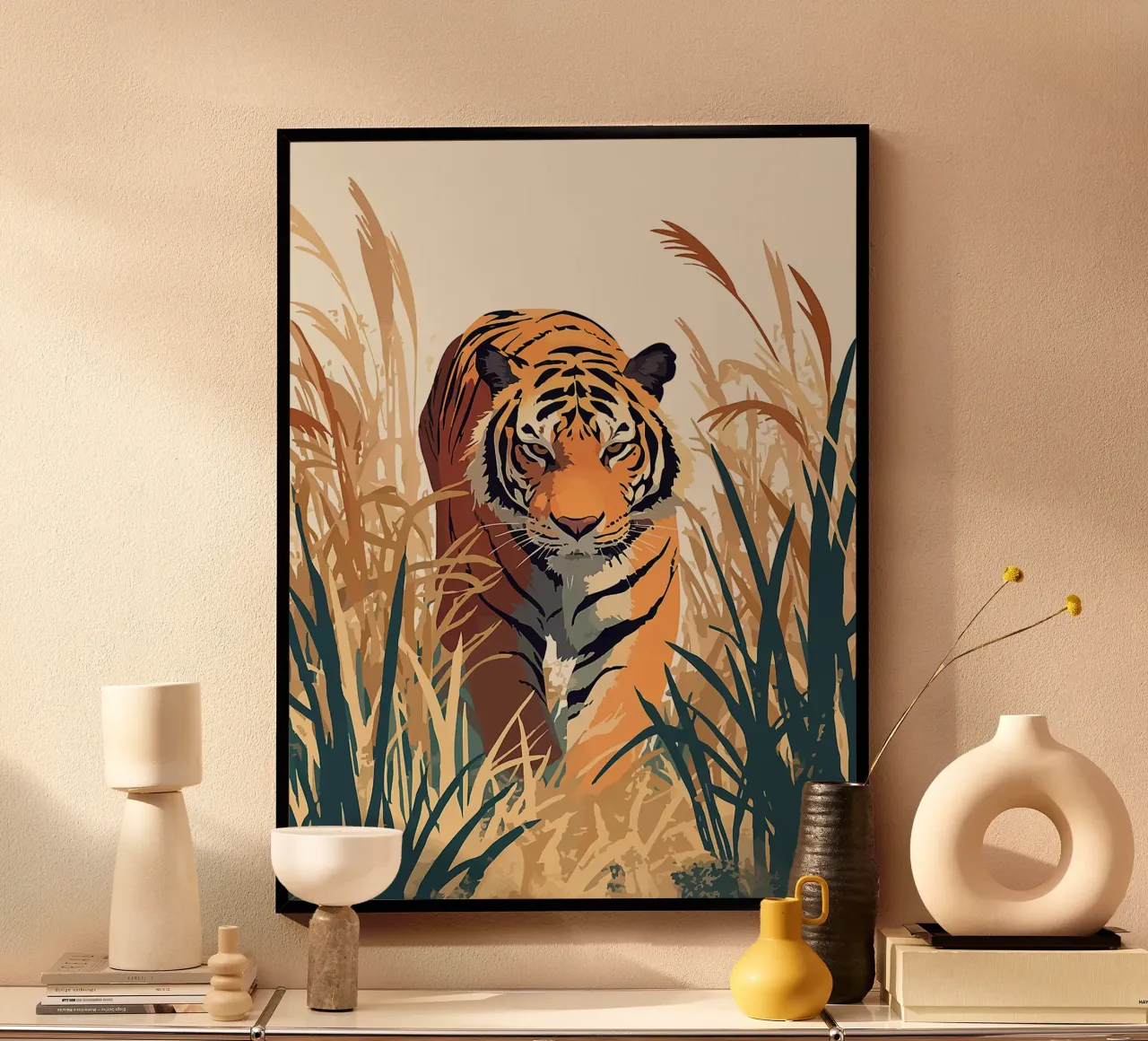 tigre fauna selvatica erba natura giungla poster con telaio in plastica da Karin M Fried