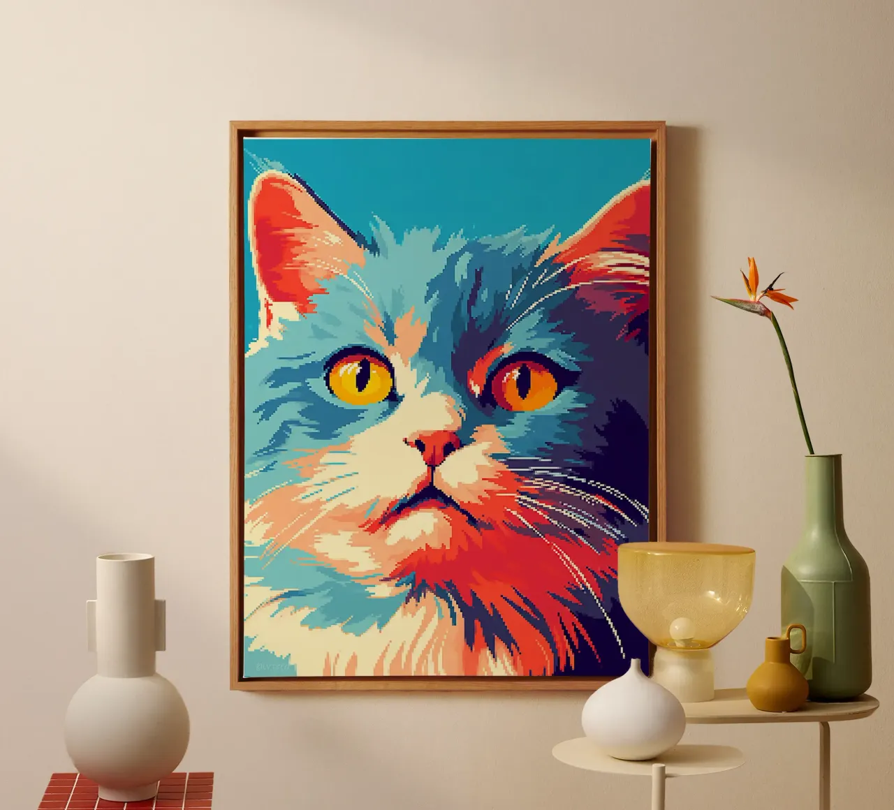 gatto felino baffi pelliccia orecchie occhi tela con Cornice a cassetta da Karin M Fried
