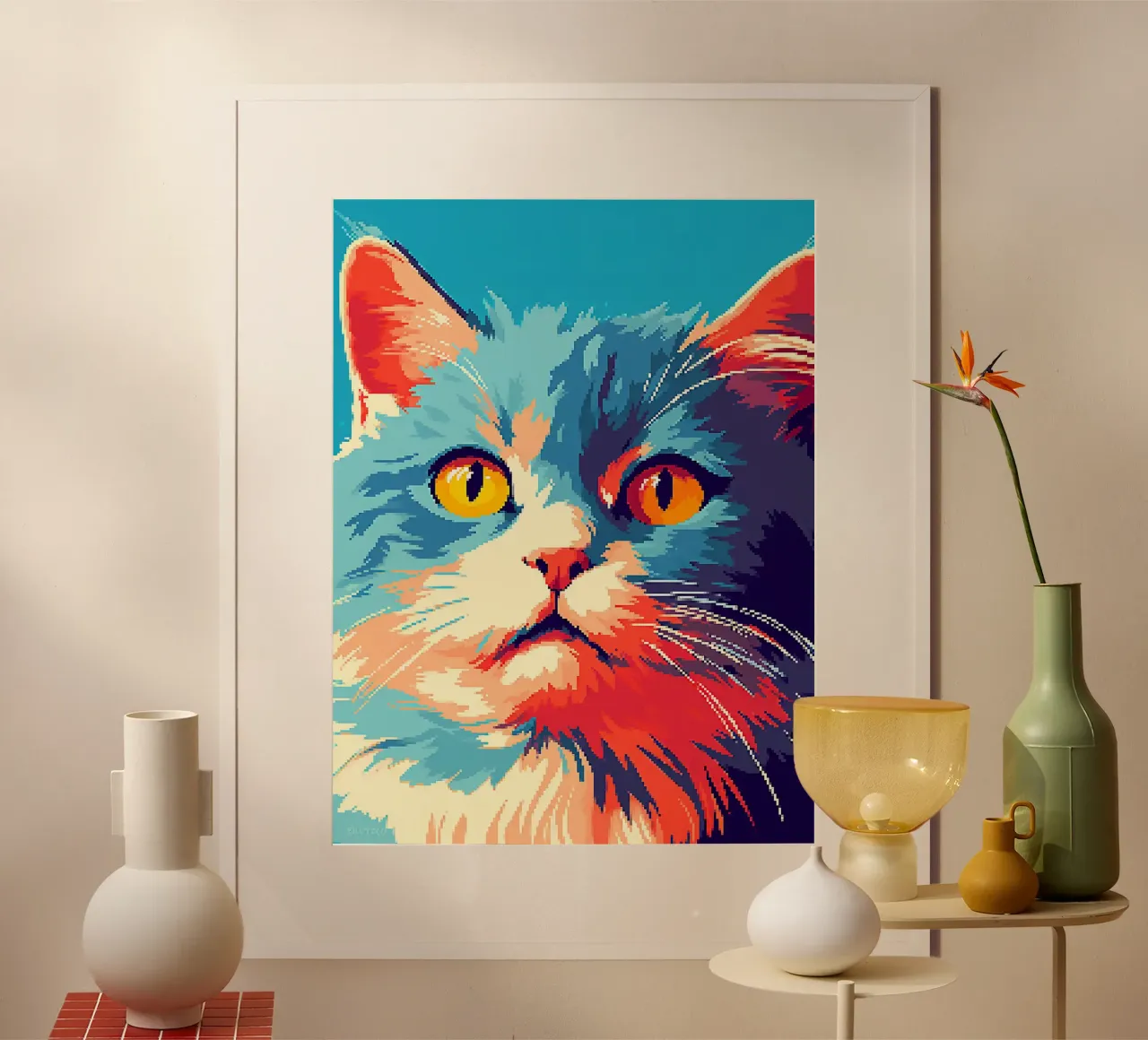 gatto felino baffi pelliccia orecchie occhi poster con telaio in plastica da Karin M Fried