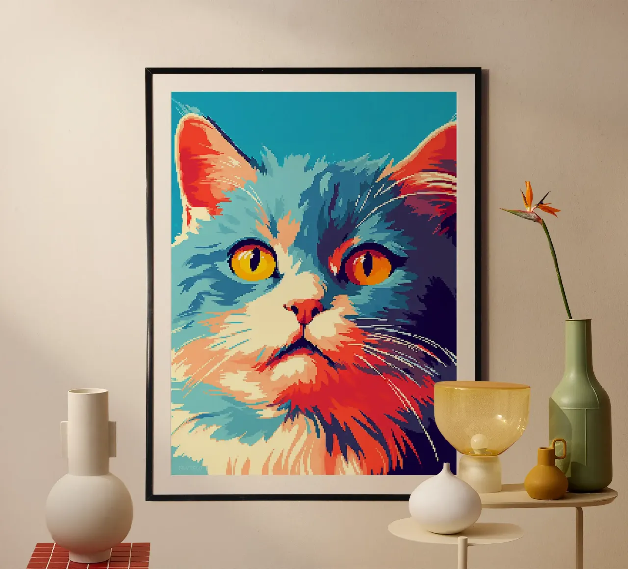 gatto felino baffi pelliccia orecchie occhi poster con telaio in plastica da Karin M Fried