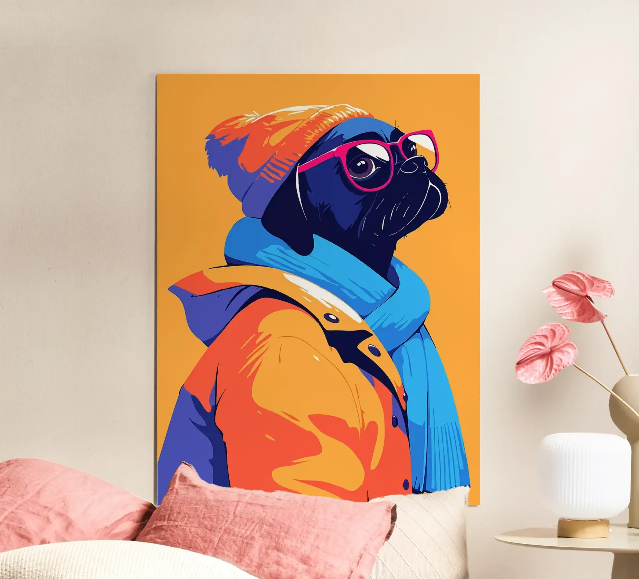 cane carlino occhiali sciarpa berretto cappotto poster con telaio in alluminio da Karin M Fried