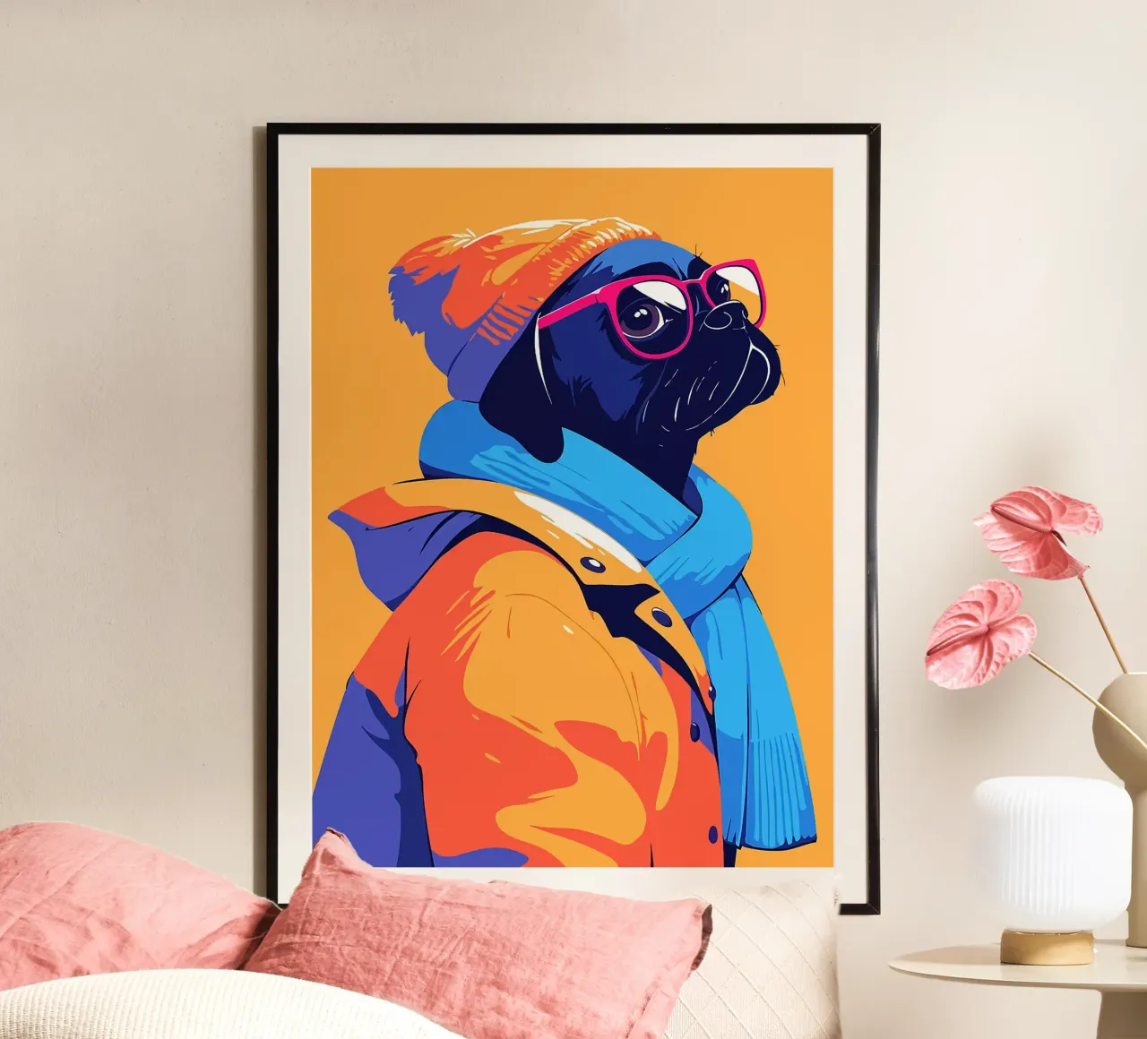 cane carlino occhiali sciarpa berretto cappotto poster con telaio in alluminio da Karin M Fried