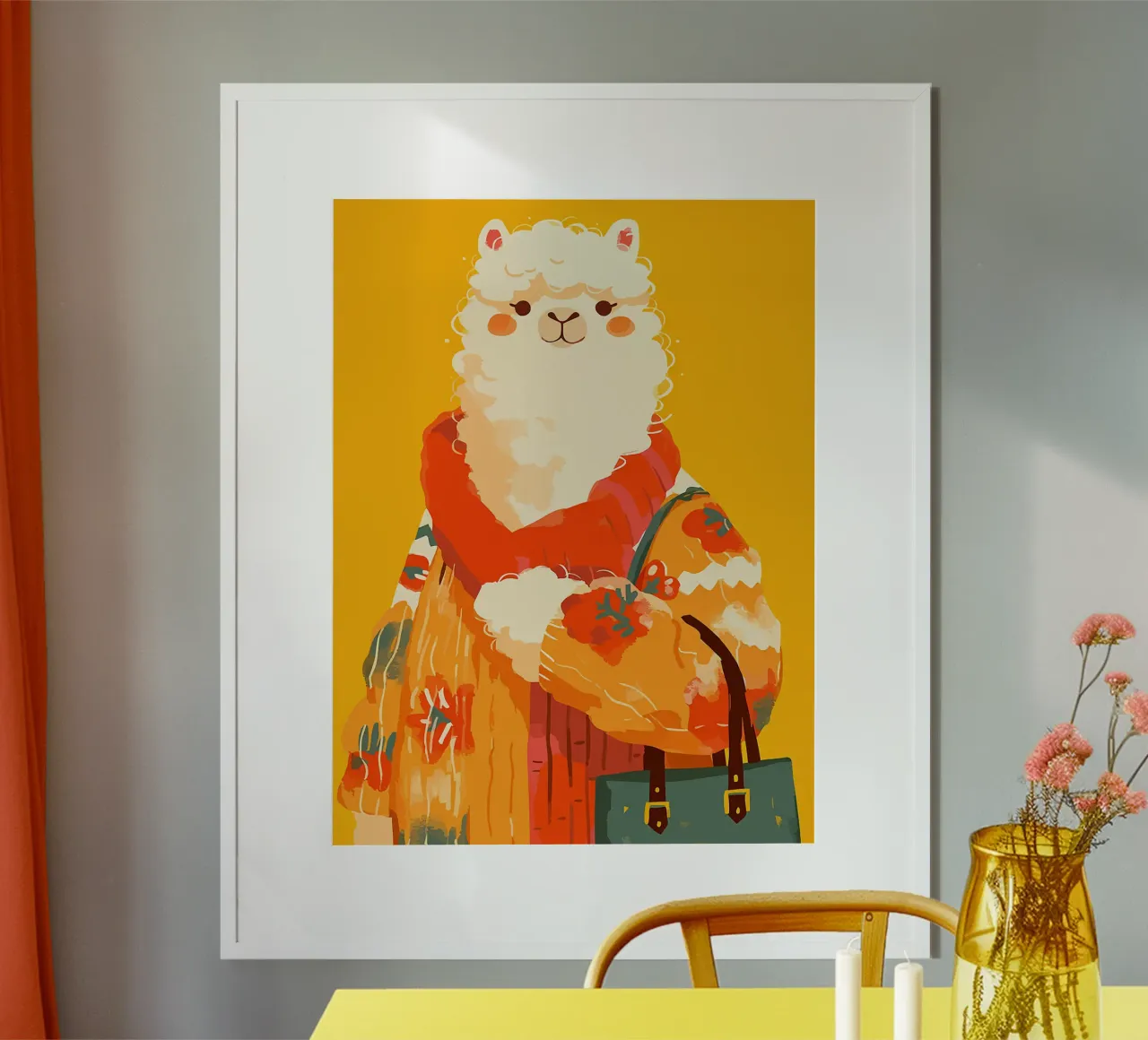 maglione di alpaca animale sciarpa borsa poster con telaio in legno da Karin M Fried