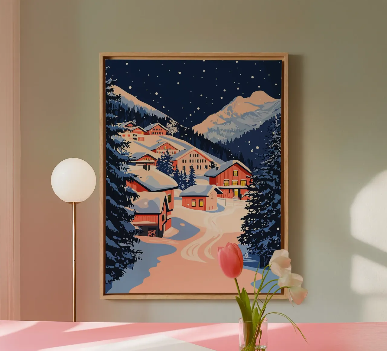 neve inverno case montagne notte tela con Cornice a cassetta da Karin M Fried