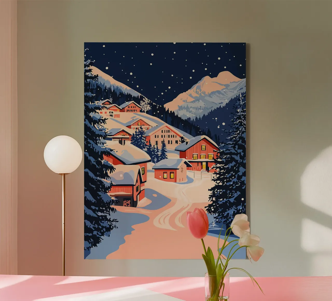 neve inverno case montagne notte tela con Cornice a cassetta da Karin M Fried