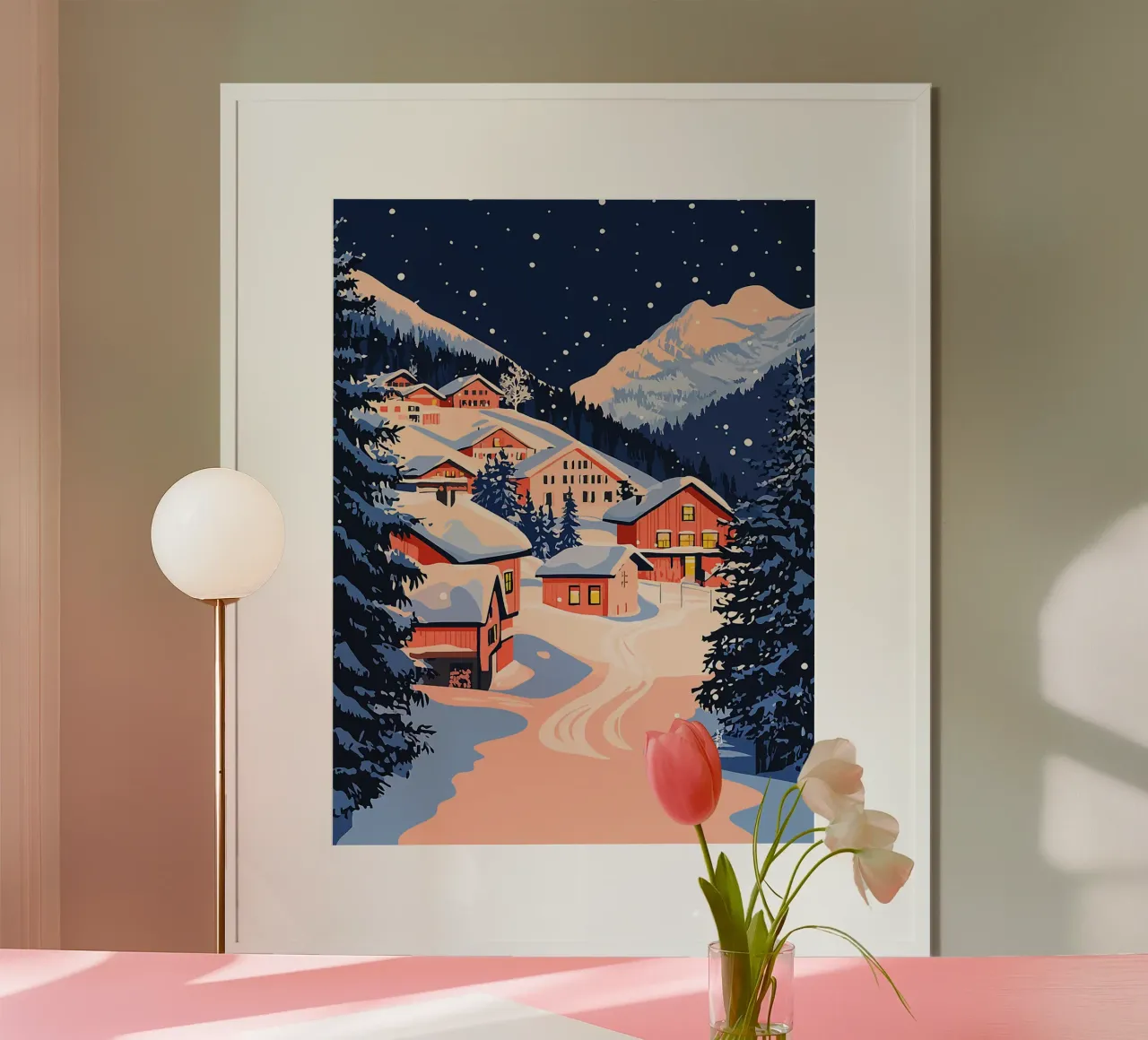 neve inverno case montagne notte poster con telaio in legno da Karin M Fried