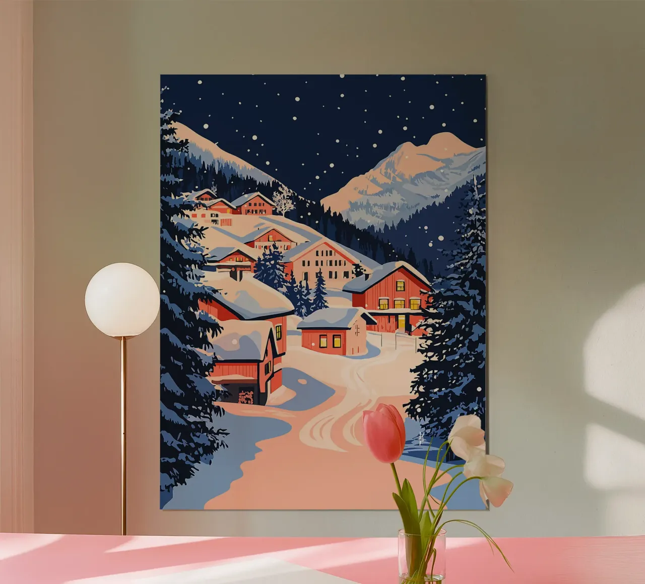 neve inverno case montagne notte poster con telaio in legno da Karin M Fried
