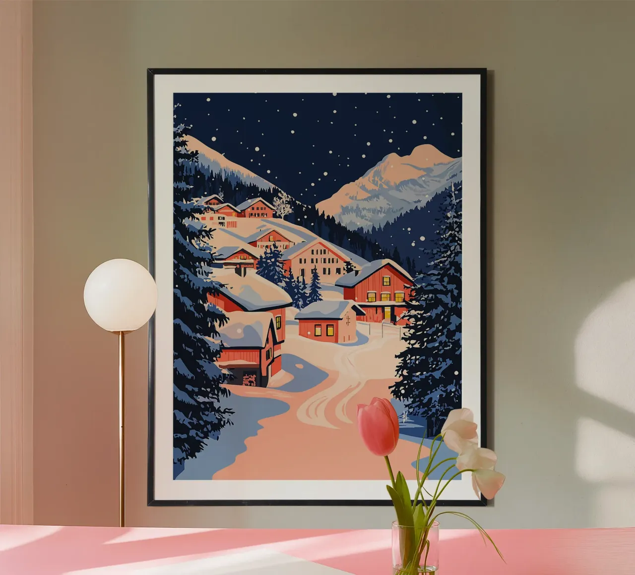 neve inverno case montagne notte poster con telaio in legno da Karin M Fried