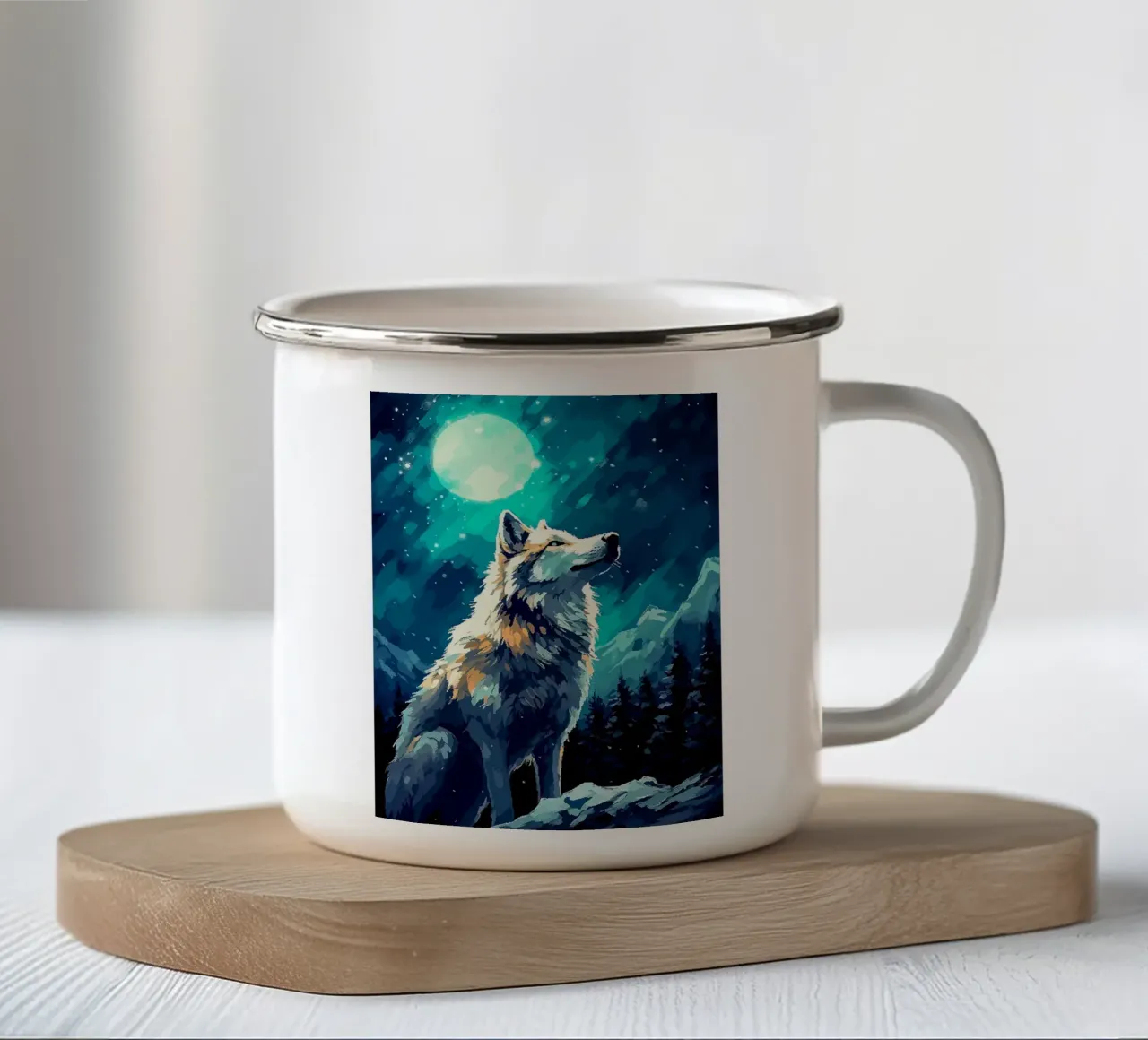 lupo luna notte stelle foresta tazza in smalto da Karin M Fried