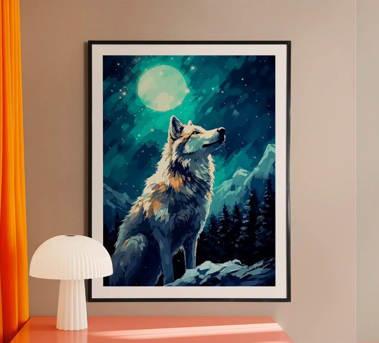 lupo luna notte stelle foresta poster con telaio in legno da Karin M Fried