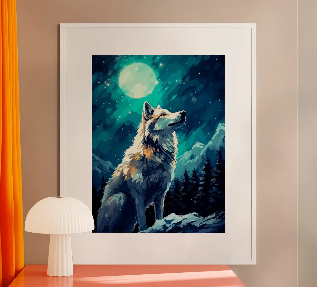 lupo luna notte stelle foresta poster con telaio in legno da Karin M Fried