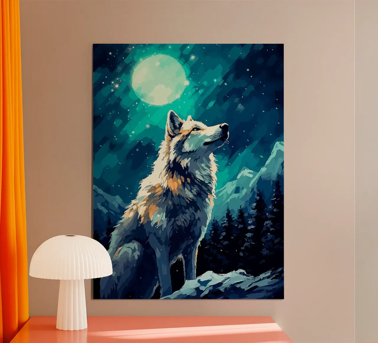 lupo luna notte stelle foresta poster con telaio in legno da Karin M Fried