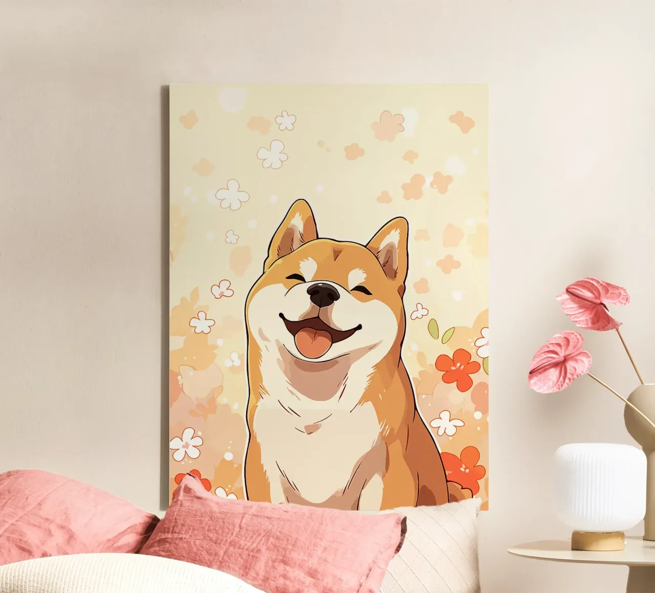 cane fiori animale domestico cartone animato sorridente felice tela con Cornice a cassetta da Karin M Fried