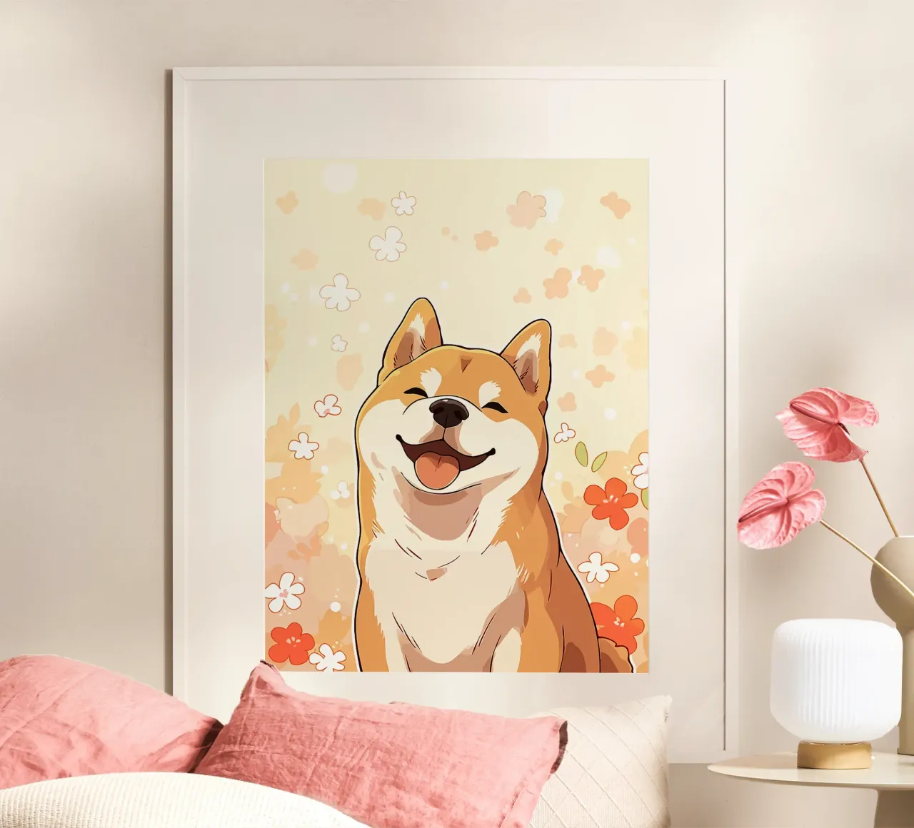 cane fiori animale domestico cartone animato sorridente felice poster con telaio in alluminio da Karin M Fried