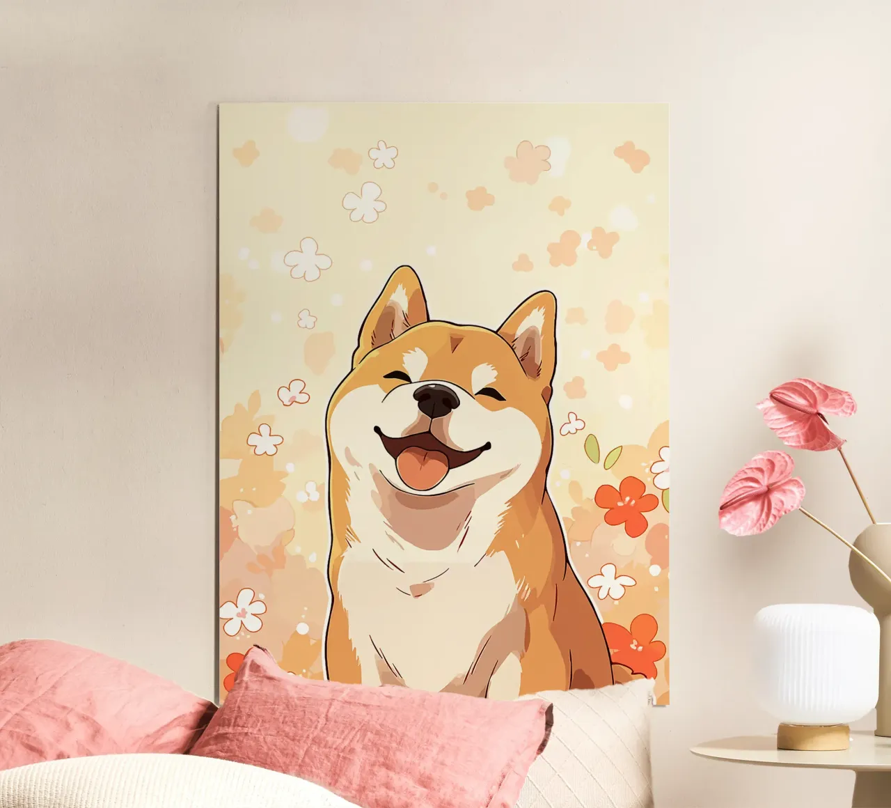 cane fiori animale domestico cartone animato sorridente felice poster con telaio in alluminio da Karin M Fried