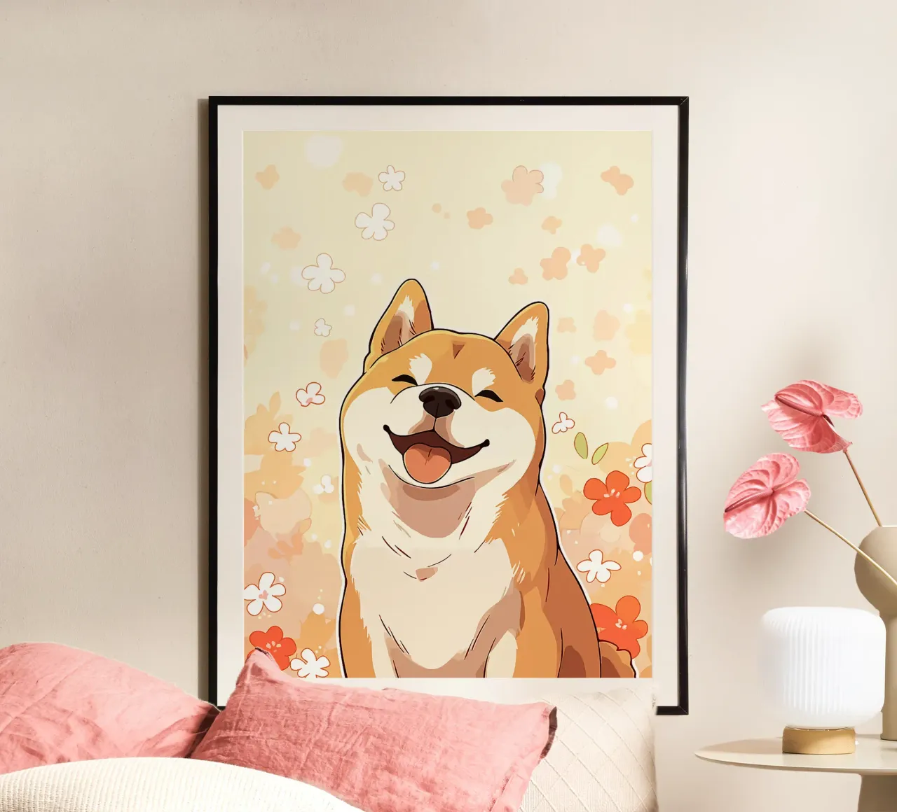 cane fiori animale domestico cartone animato sorridente felice poster con telaio in alluminio da Karin M Fried