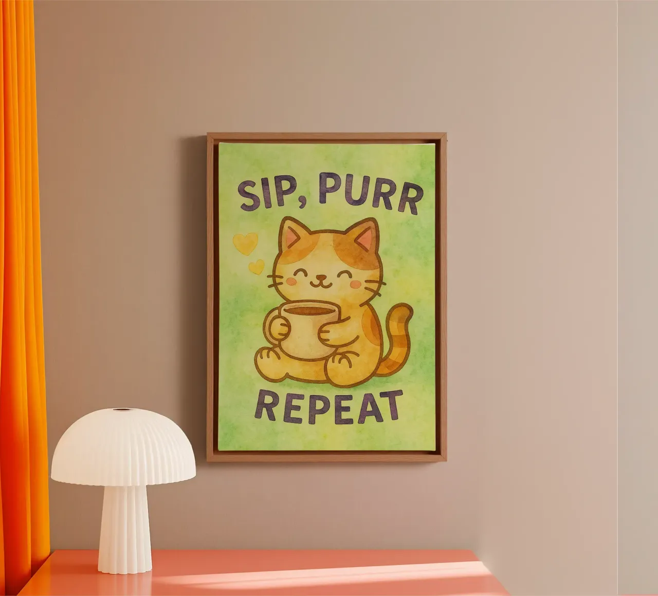 sip purr repeat funny cat canvas with Floater frame by limous