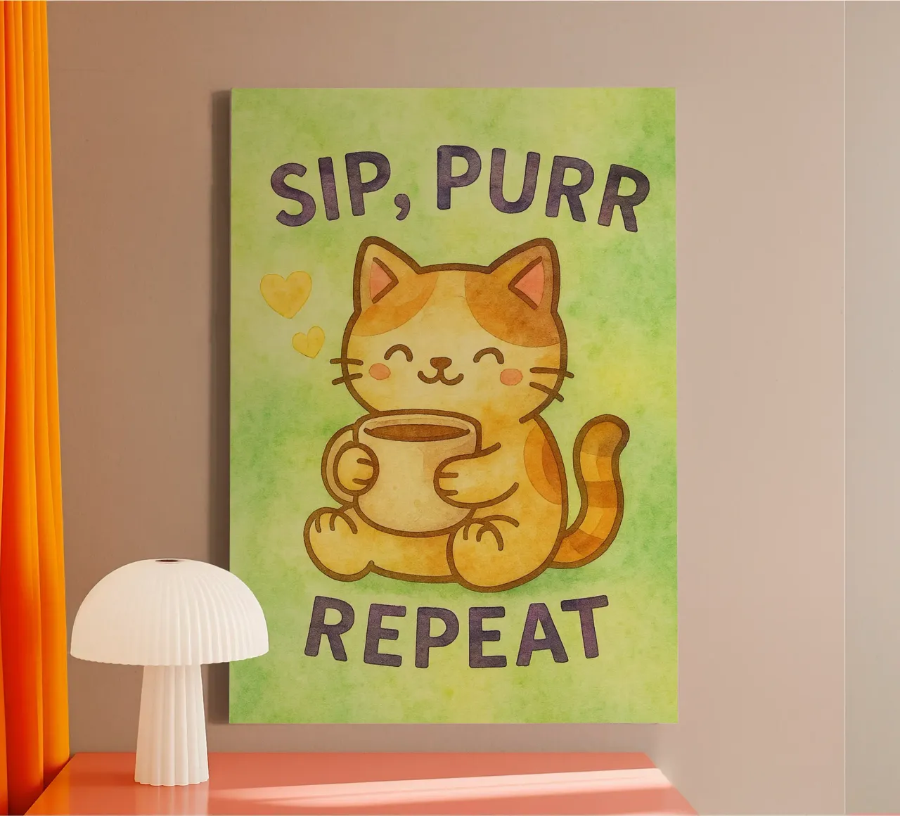 sip purr repeat funny cat canvas with Floater frame by limous