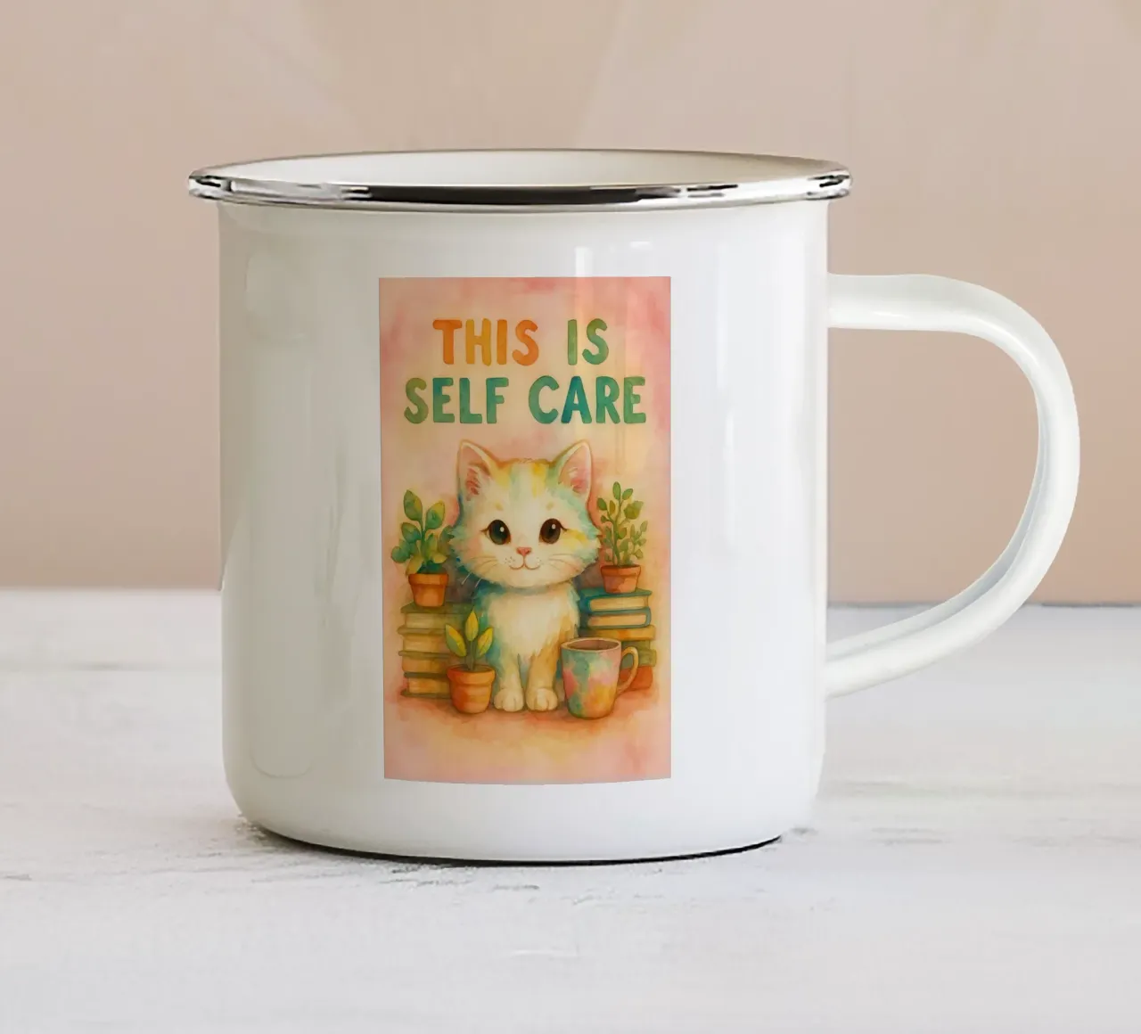 questo è un gatto divertente che si prende cura di sé tazza in smalto da limous