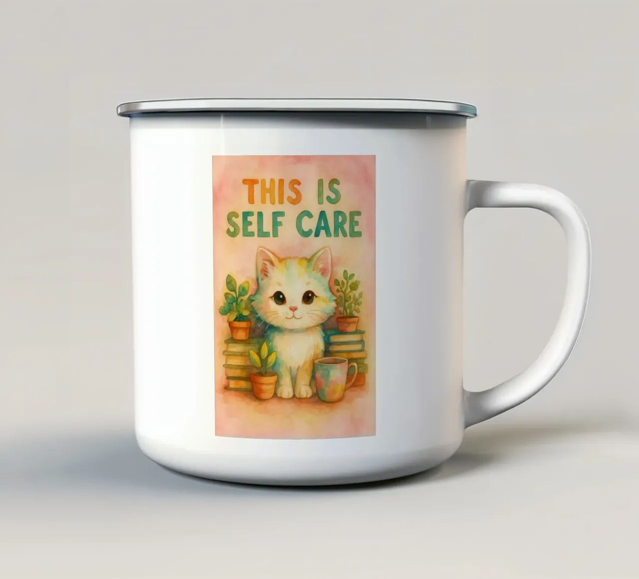 questo è un gatto divertente che si prende cura di sé tazza in smalto da limous