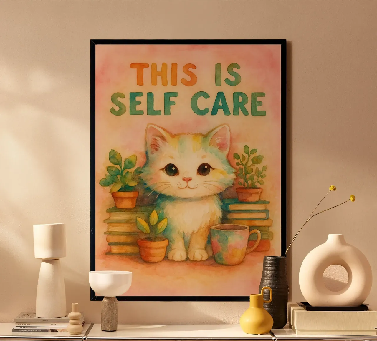 questo è un gatto divertente che si prende cura di sé poster con telaio in alluminio da limous