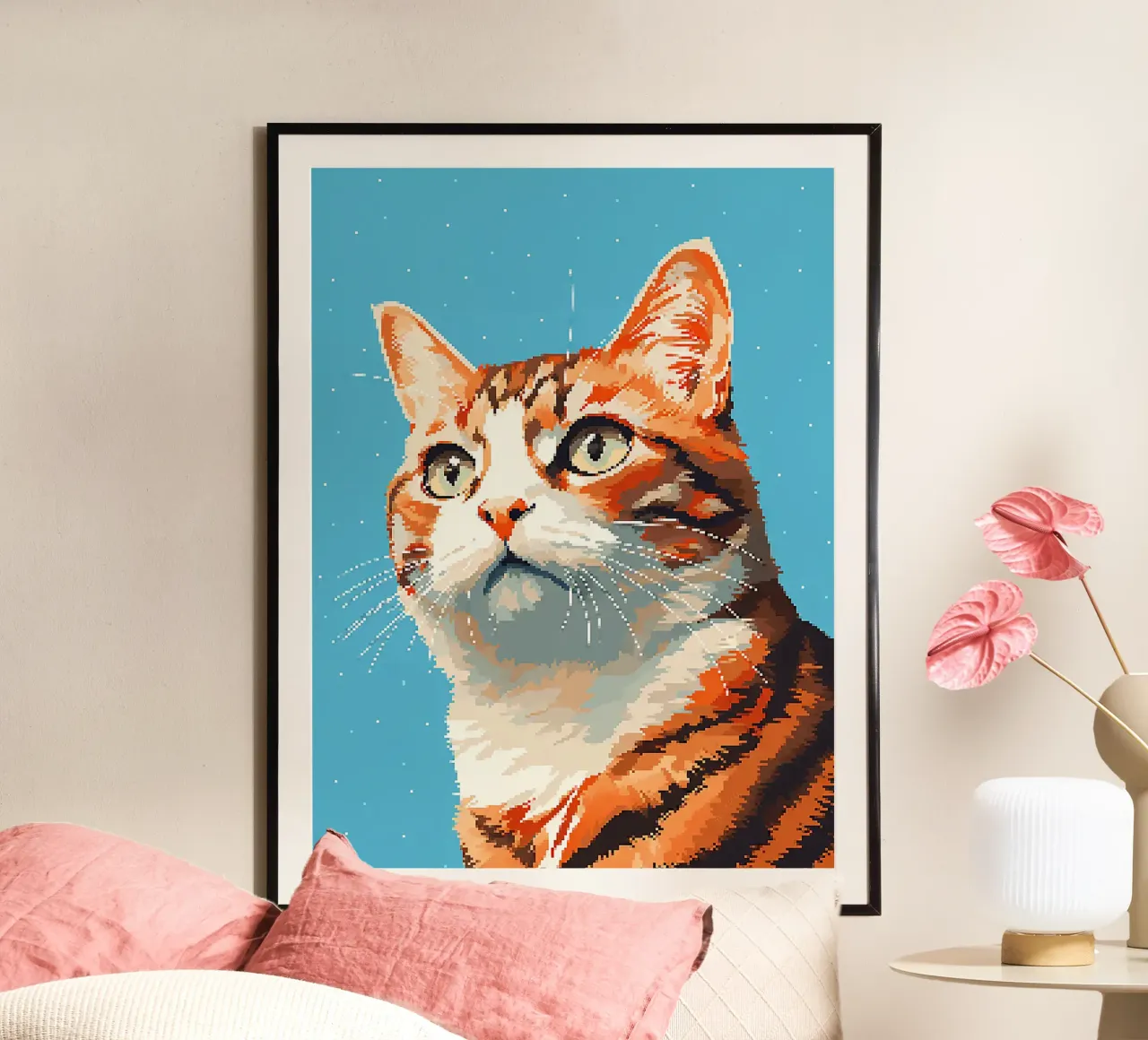 gatto soriano pelo arancione occhi verdi baffi poster con telaio in legno da Frank J Weissmuller