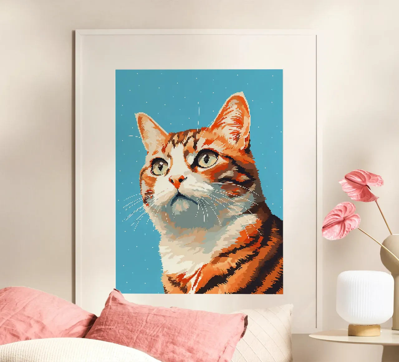 gatto soriano pelo arancione occhi verdi baffi poster con telaio in legno da Frank J Weissmuller