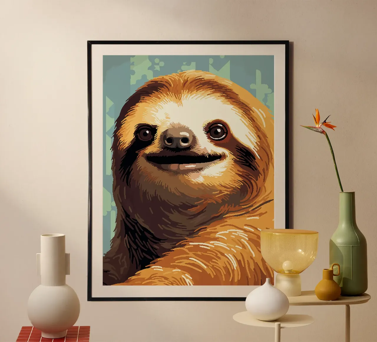 bradipo animale mammifero fauna selvatica sorridente poster con telaio in plastica da Frank J Weissmuller