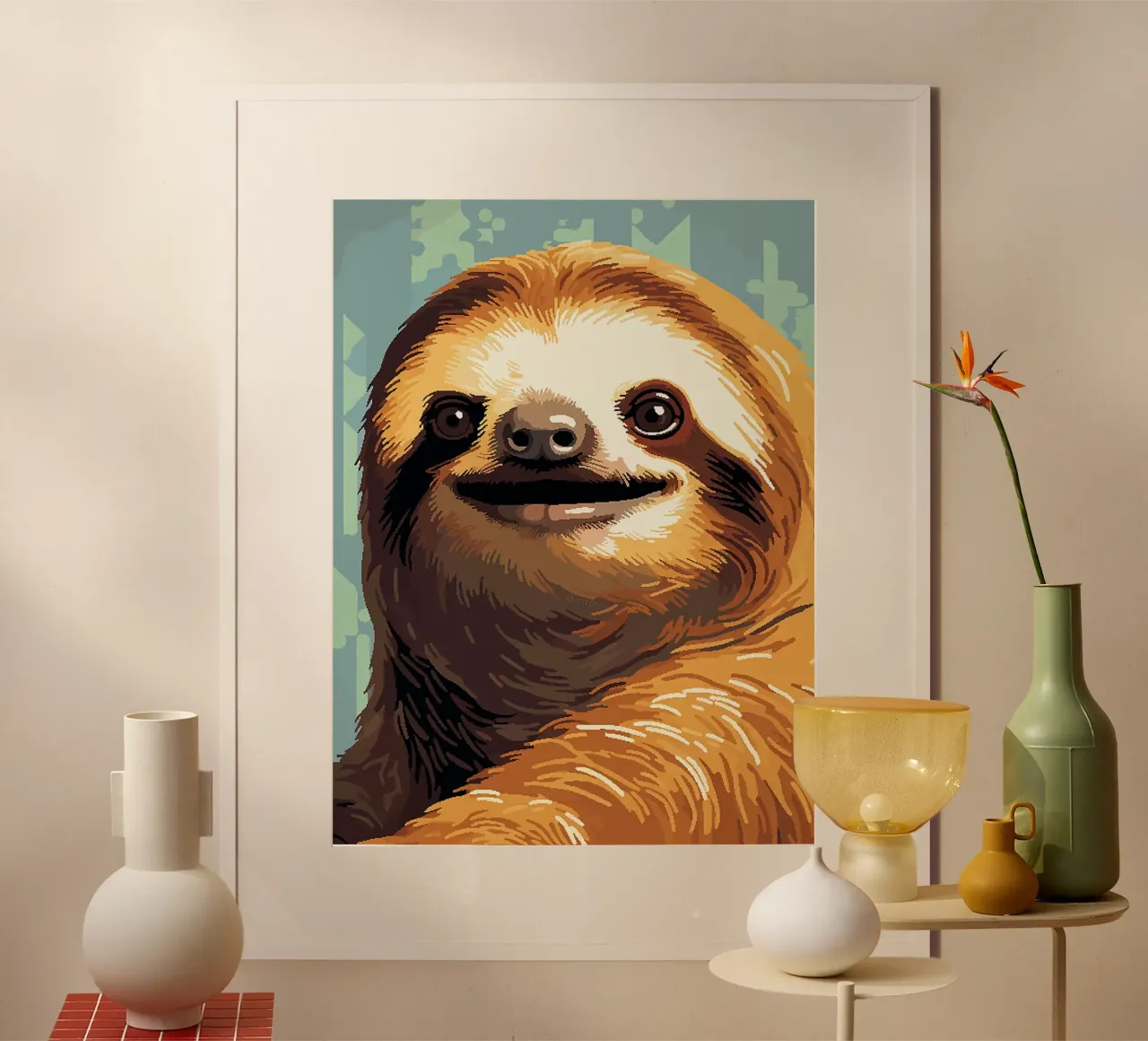 bradipo animale mammifero fauna selvatica sorridente poster con telaio in plastica da Frank J Weissmuller