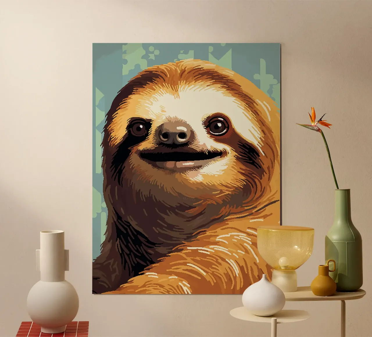 bradipo animale mammifero fauna selvatica sorridente poster con telaio in plastica da Frank J Weissmuller