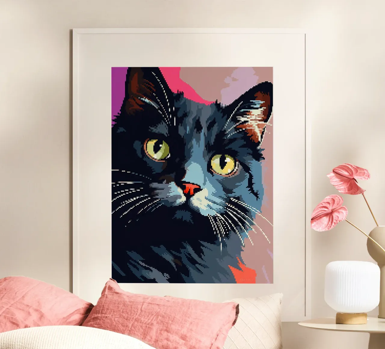 gatto felino baffi occhi verdi pelliccia poster con telaio in alluminio da Frank J Weissmuller