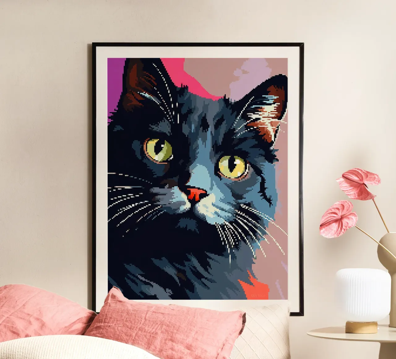 gatto felino baffi occhi verdi pelliccia poster con telaio in alluminio da Frank J Weissmuller