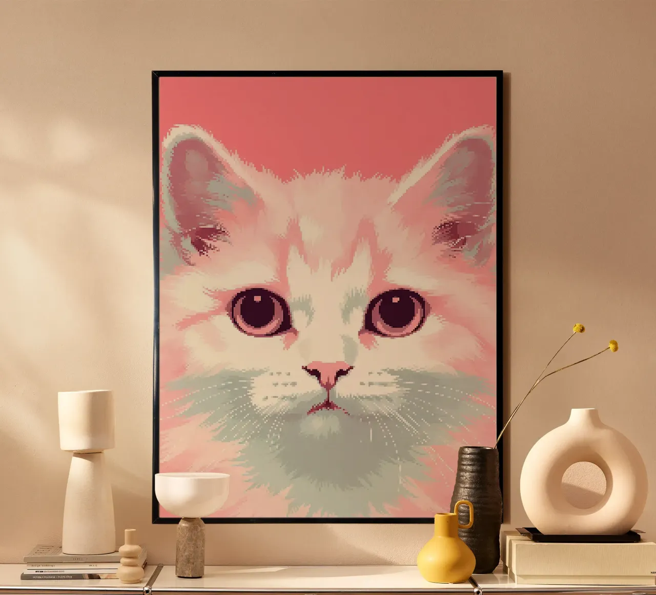 gatto felino animale domestico baffi orecchie occhi poster con telaio in legno da Frank J Weissmuller