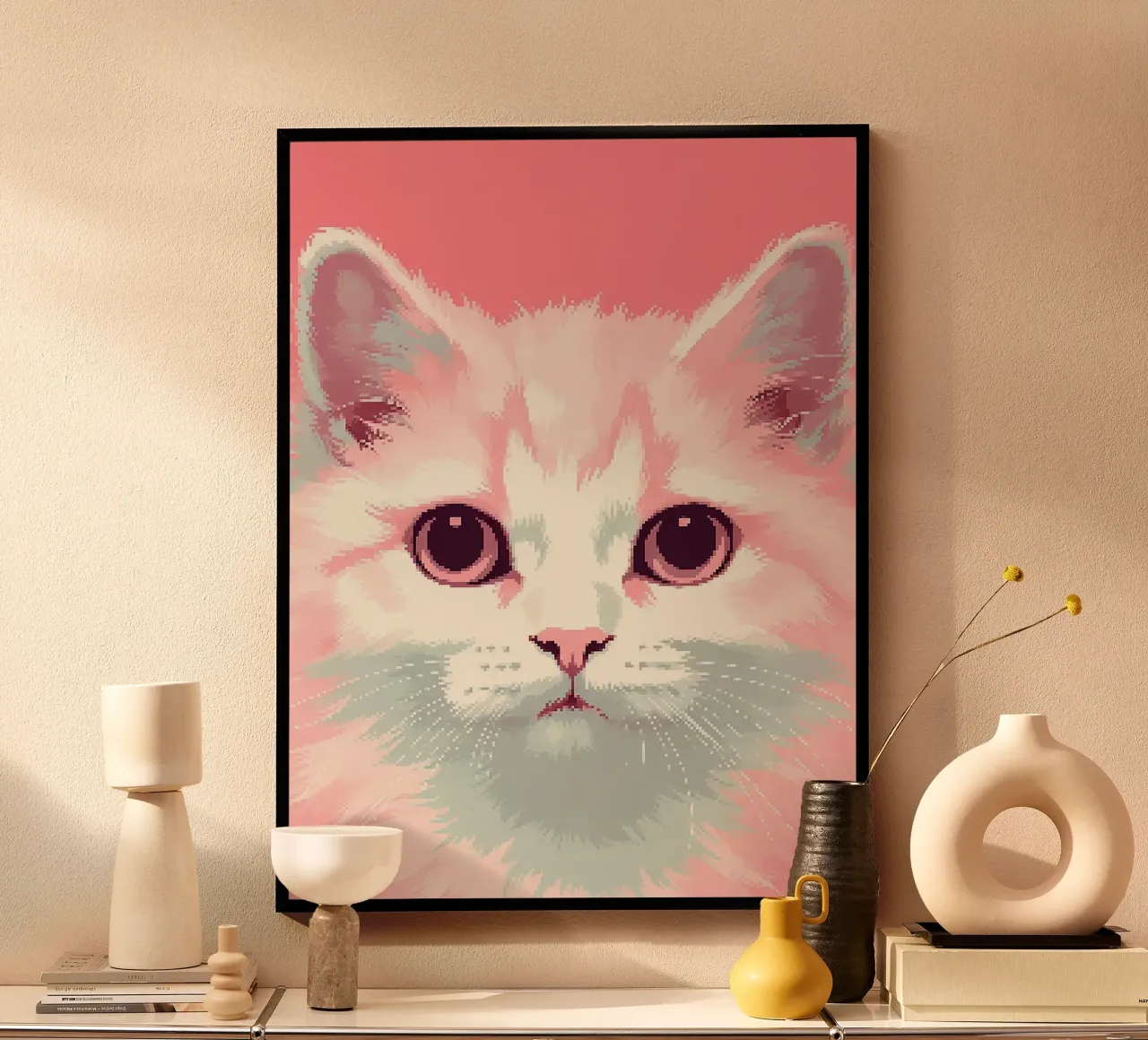 gatto felino animale domestico baffi orecchie occhi poster con telaio in legno da Frank J Weissmuller
