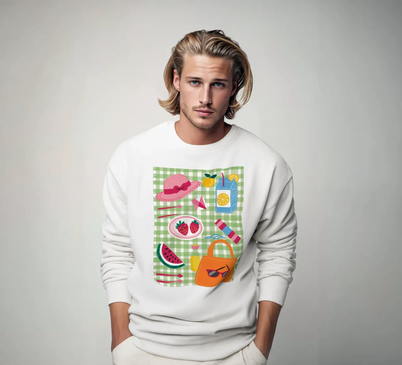 Gingham Picnic Flatlay felpa da Snow Mist