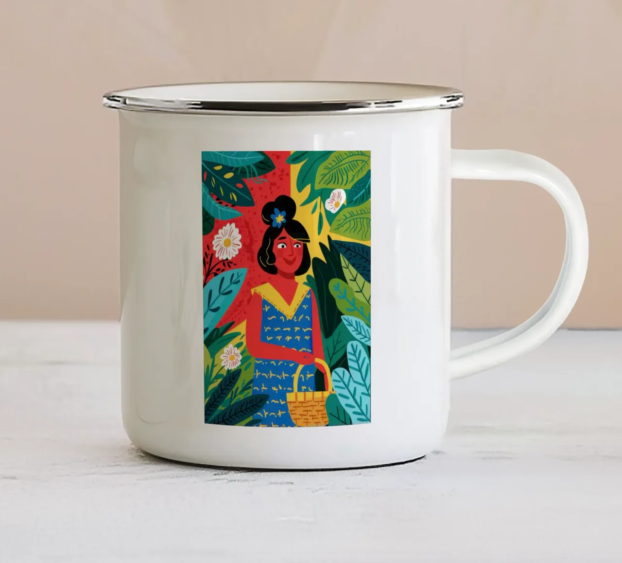 Donna con cesto tazza in smalto da Lyra Glaze