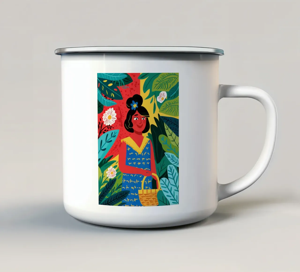 Donna con cesto tazza in smalto da Lyra Glaze