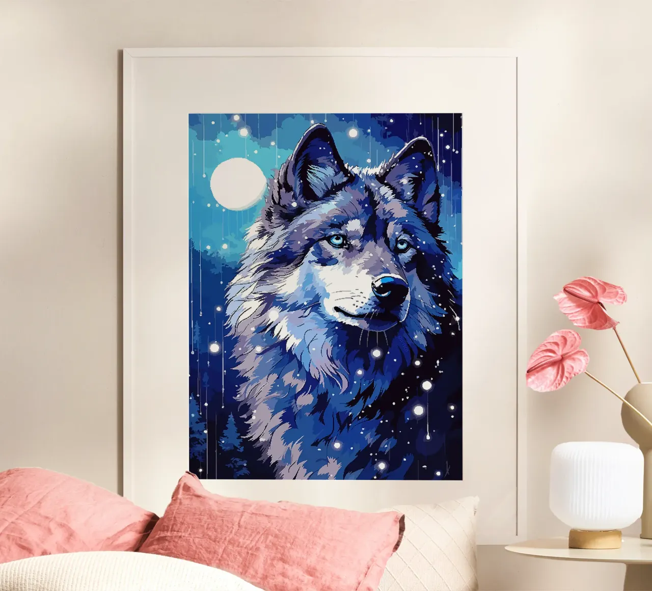 lupo luna foresta notte stelle blu poster con telaio in plastica da Franziska Richter