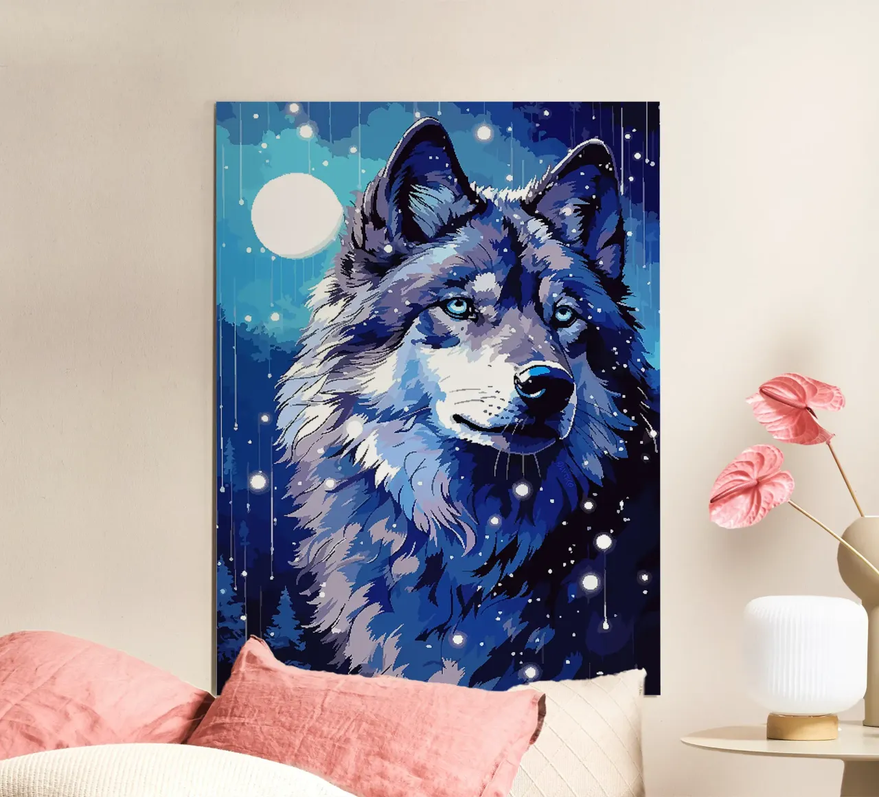 lupo luna foresta notte stelle blu poster con telaio in plastica da Franziska Richter