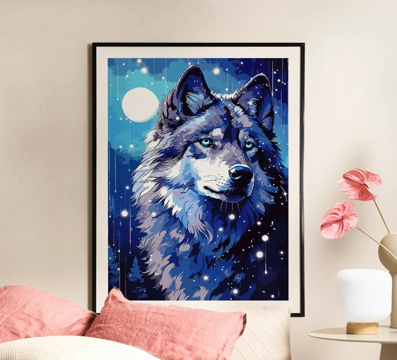 lupo luna foresta notte stelle blu poster con telaio in plastica da Franziska Richter