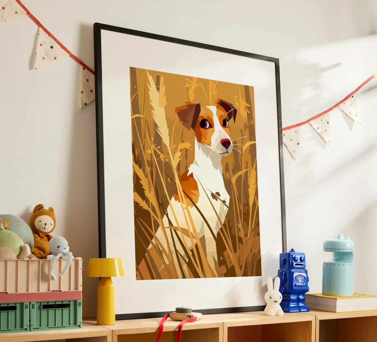 Orecchie da campo in erba per cani Pixel poster con telaio in plastica da Elly Neubauer