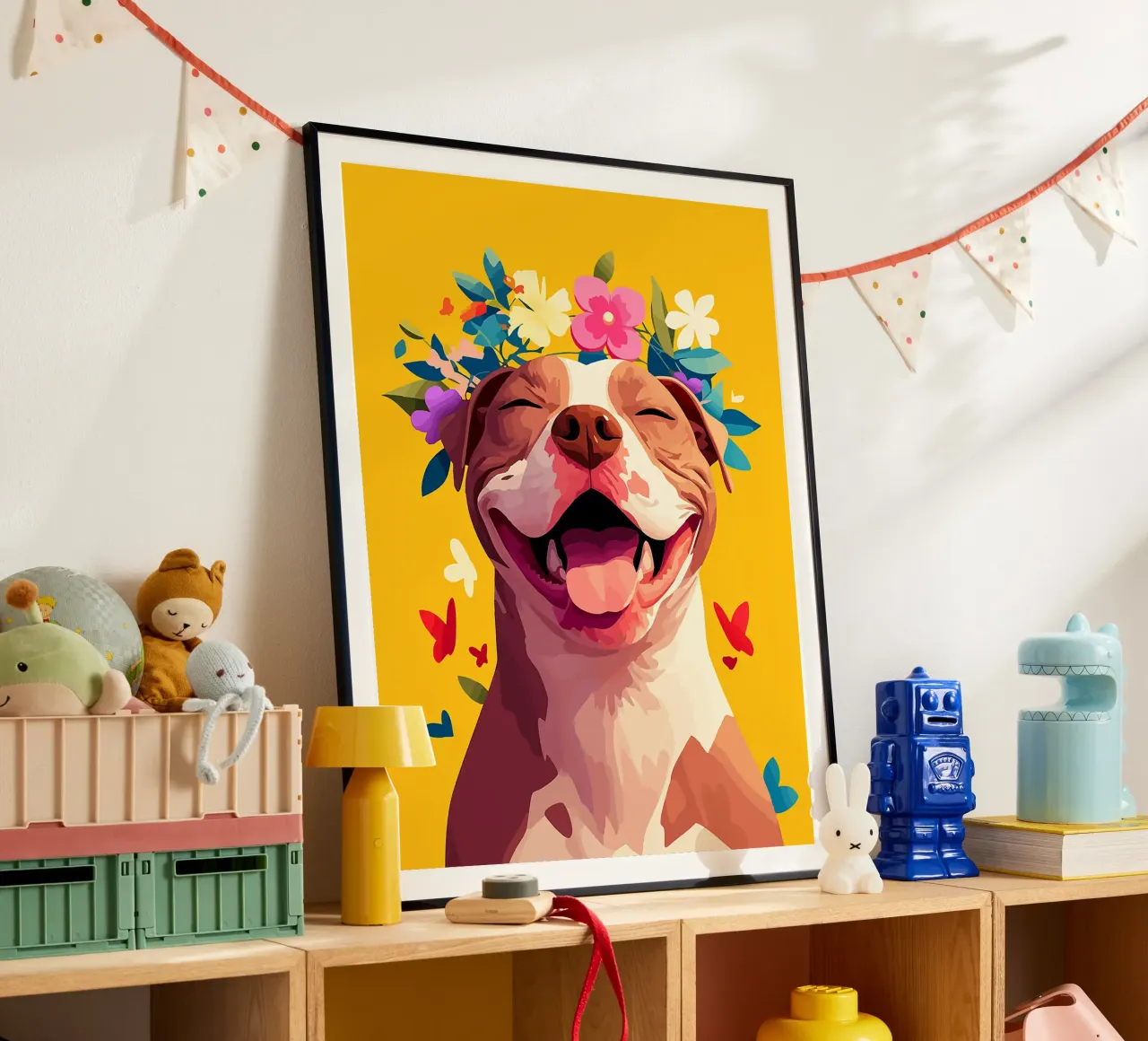 cane fiori corona animale domestico sorriso felice poster con telaio in alluminio da Elly Neubauer