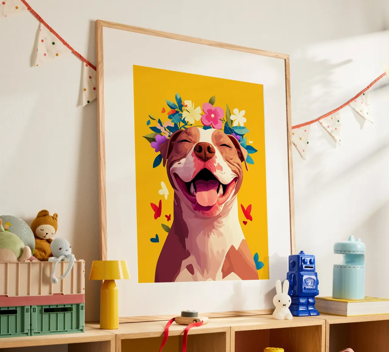 cane fiori corona animale domestico sorriso felice poster con telaio in alluminio da Elly Neubauer