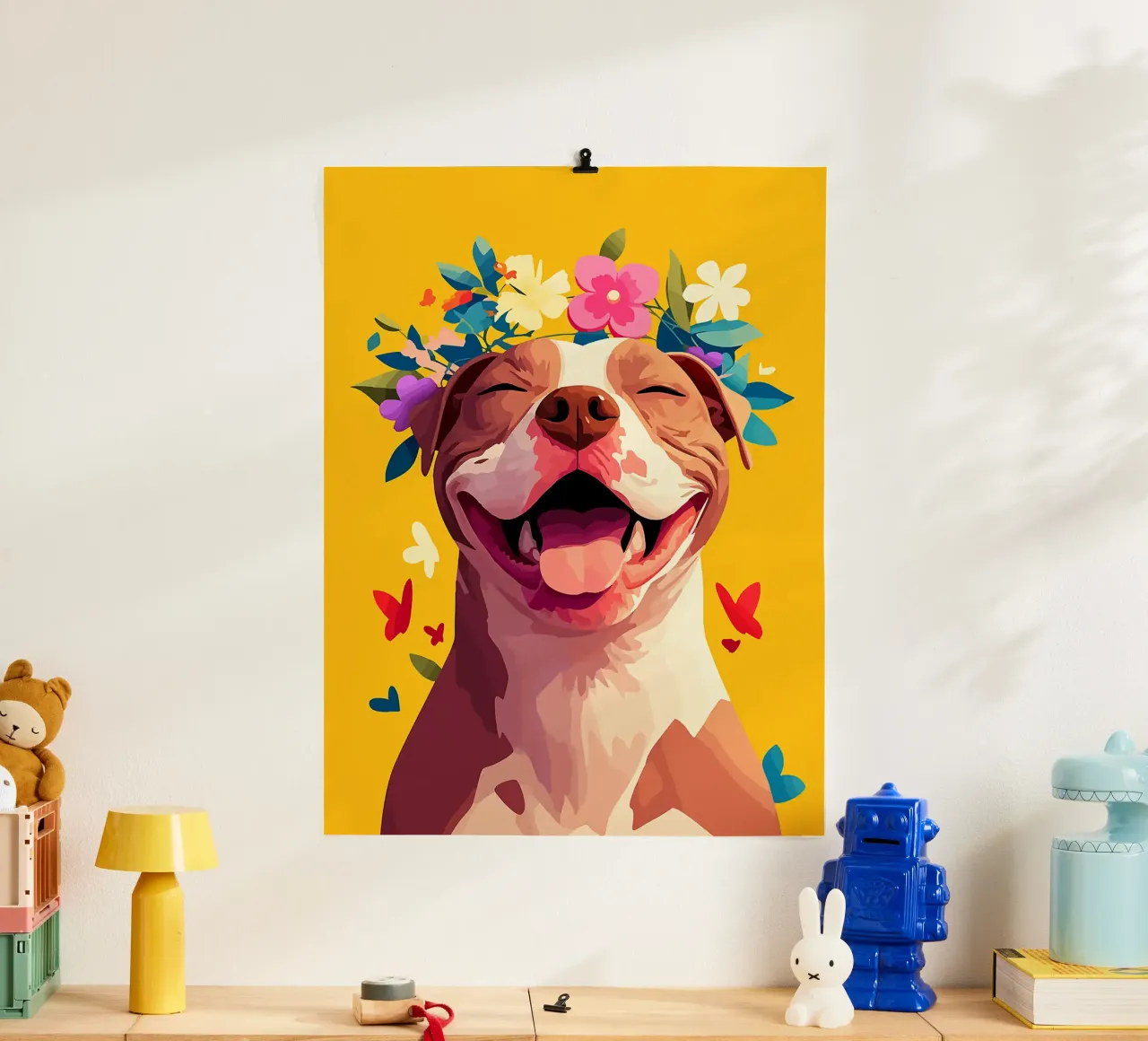 cane fiori corona animale domestico sorriso felice poster con telaio in alluminio da Elly Neubauer